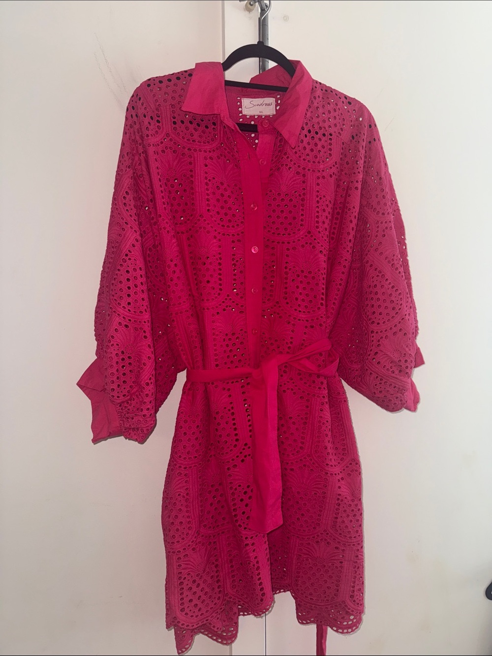Eyelet Belted Shirt Dress - Hot Pink